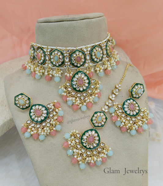 Indian  Jewellery , Gajjri mint Kundan choker Set Indian Wedding Bridal Ethnic Bridal indian seema choker set