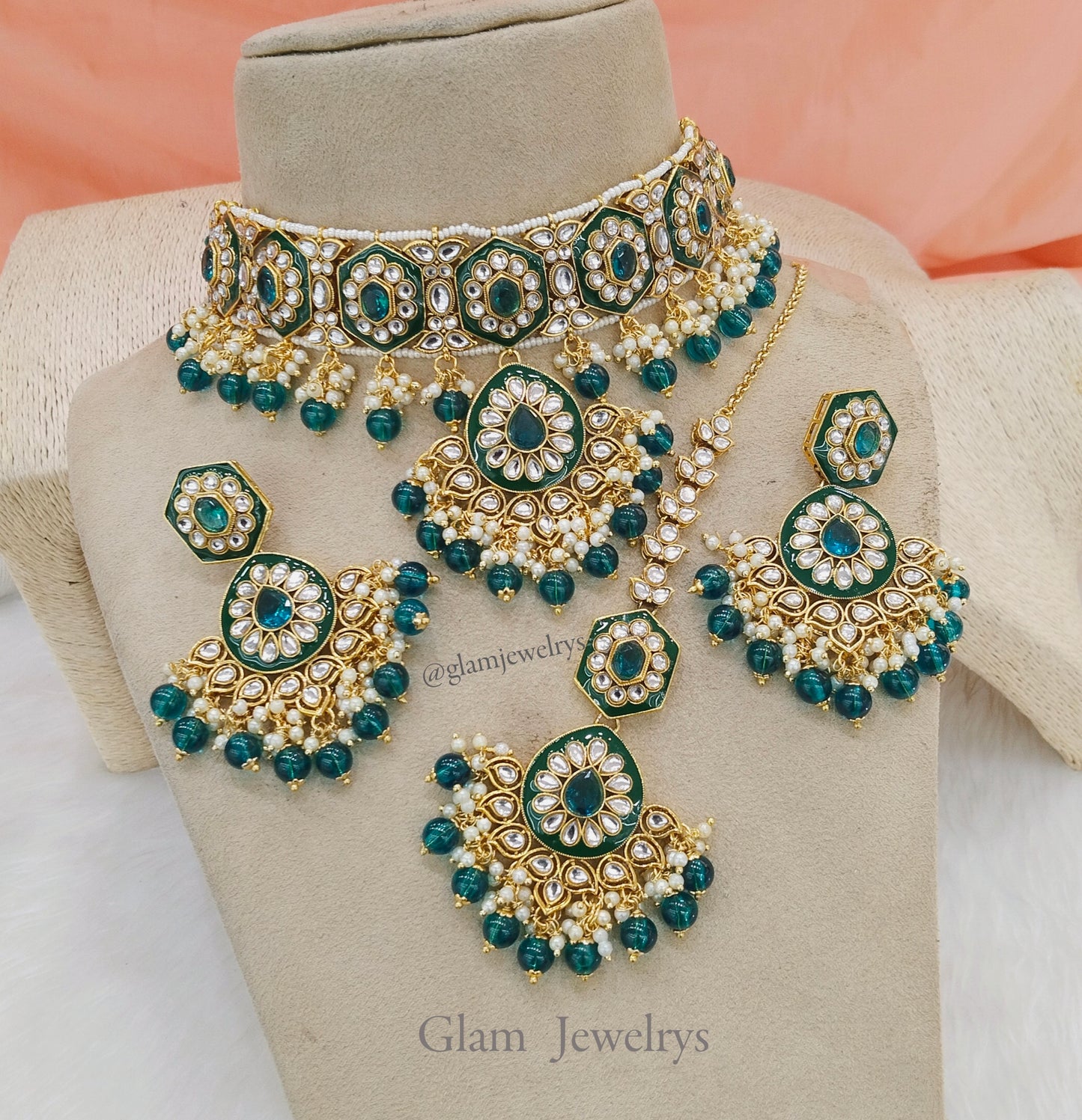 Indian  Jewellery , Rama green Kundan choker Set Indian Wedding Bridal Ethnic Bridal indian seema choker set