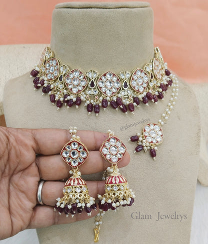 kundan Choker Set Earrings Set/Gold Maroon choker set Indian Jewellery salnon choker set