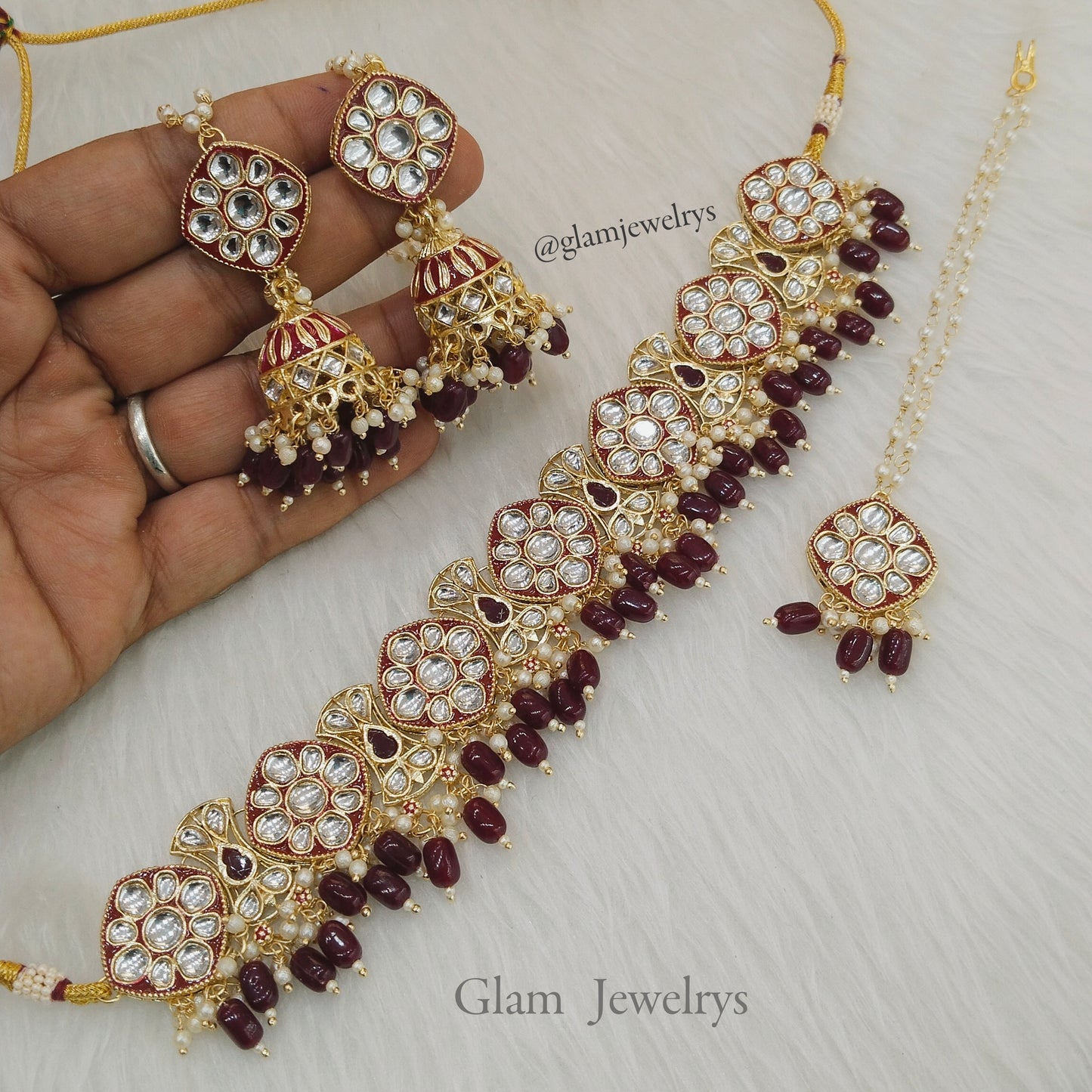 kundan Choker Set Earrings Set/Gold Maroon choker set Indian Jewellery salnon choker set