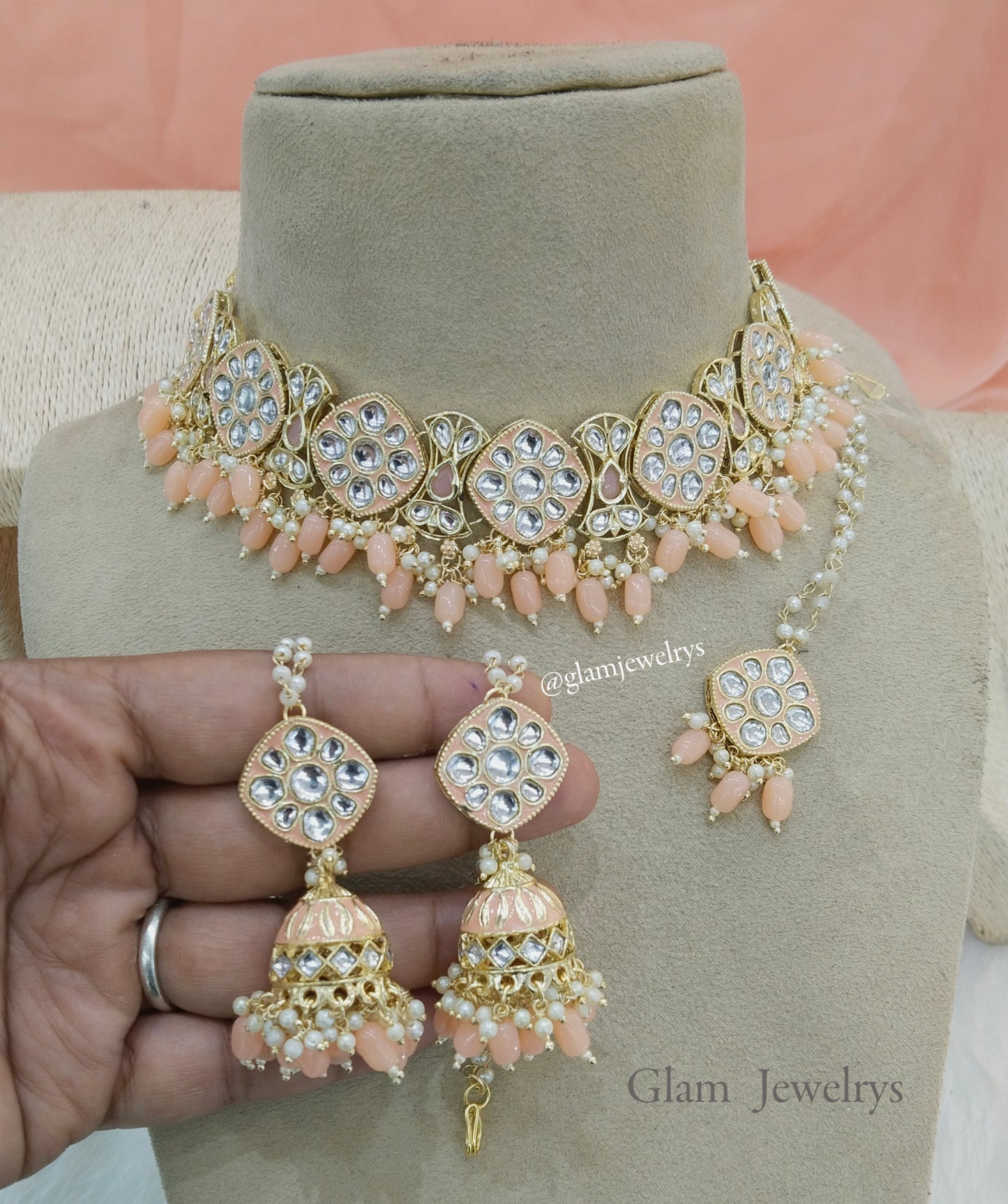 kundan Choker Set Earrings Set/Gold peach choker set Indian Jewellery salnon choker set