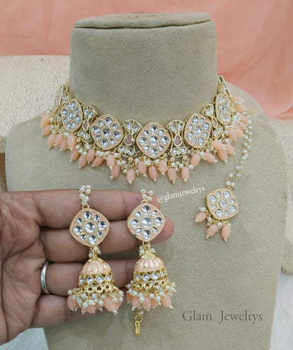 kundan Choker Set Earrings Set/Gold peach choker set Indian Jewellery salnon choker set