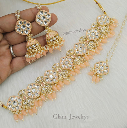 kundan Choker Set Earrings Set/Gold peach choker set Indian Jewellery salnon choker set