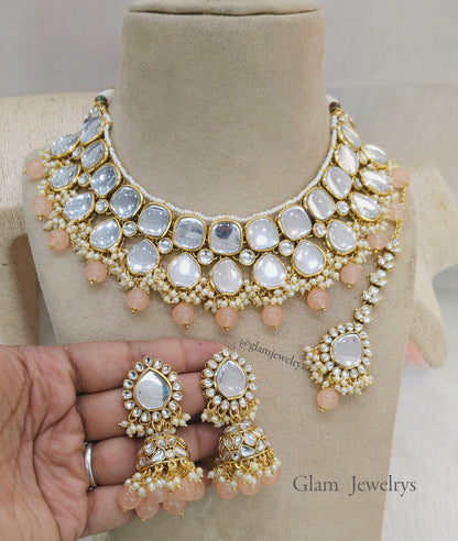 Indian Jewellery , Peach Kundan necklace Set Indian Wedding Bridal sona set