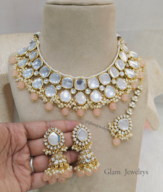 Indian Jewellery , Peach Kundan necklace Set Indian Wedding Bridal sona set