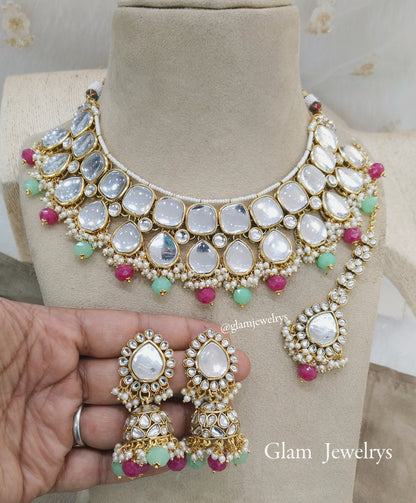 Indian  Jewellery ,Rani mint Kundan necklace Set Indian Wedding Bridal sona set