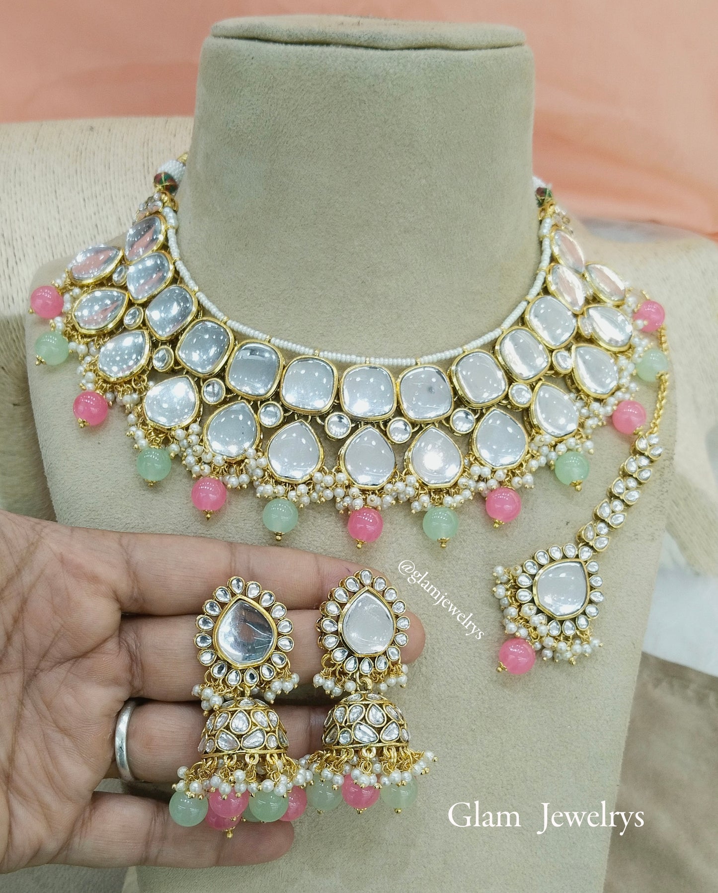 Indischer Schmuck, Gajjri Mint Kundan Halskette Set Indische Hochzeit Braut Sona Set