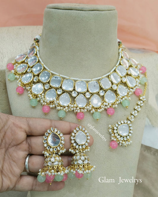 Indian  Jewellery ,Gajjri mint Kundan necklace Set Indian Wedding Bridal sona set