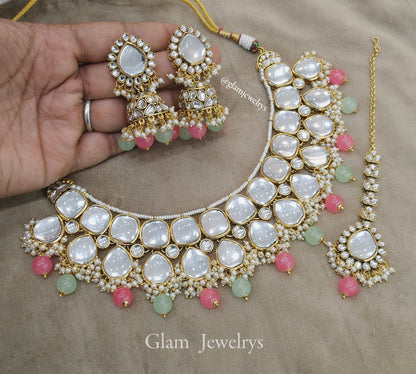 Indian  Jewellery ,Gajjri mint Kundan necklace Set Indian Wedding Bridal sona set