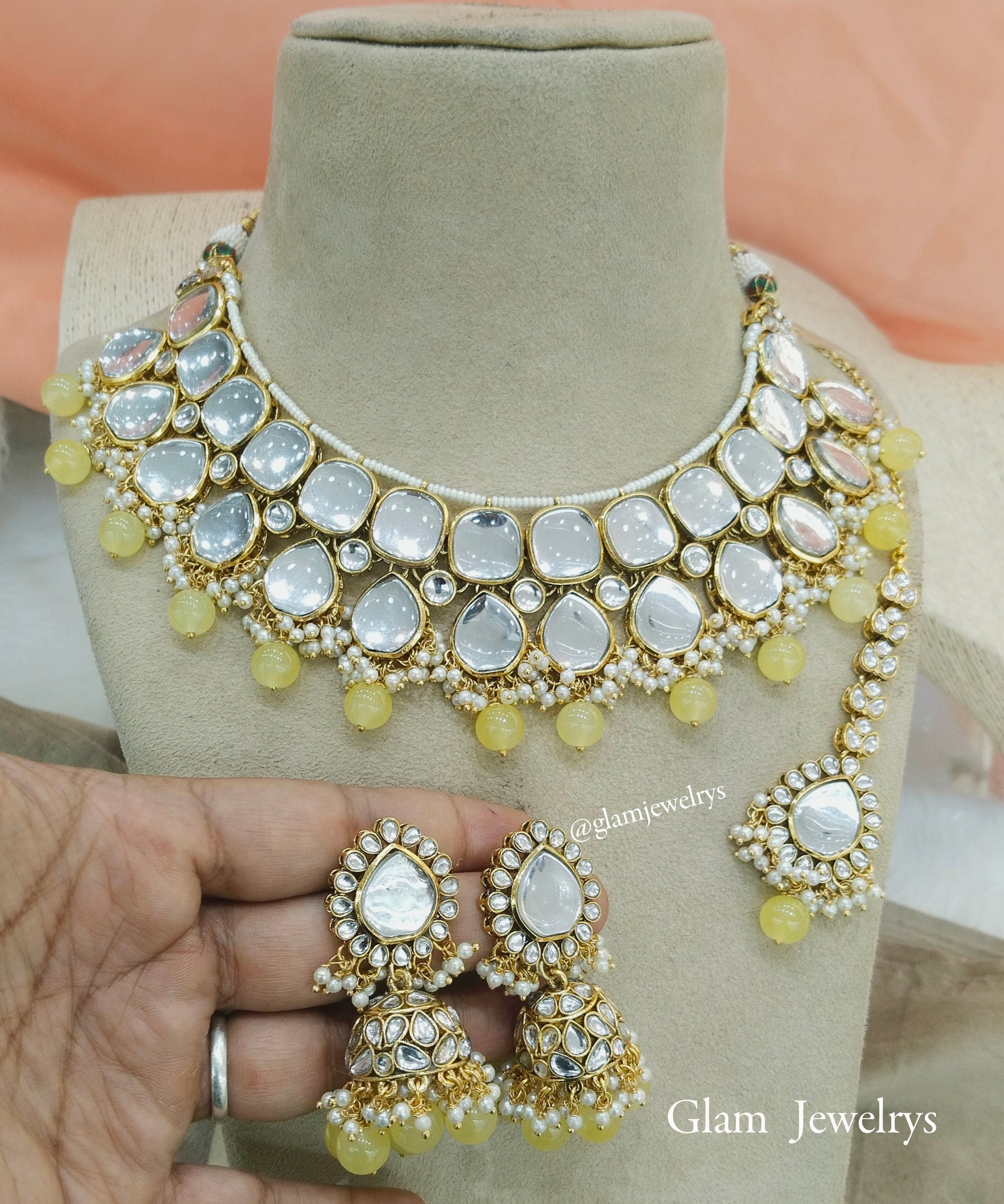 Golden Kundan Necklace Set with Green Pearls