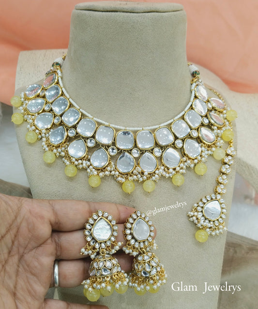 Indian  Jewellery ,Yellow Kundan necklace Set Indian Wedding Bridal sona set