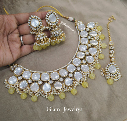 Indian  Jewellery ,Yellow Kundan necklace Set Indian Wedding Bridal sona set