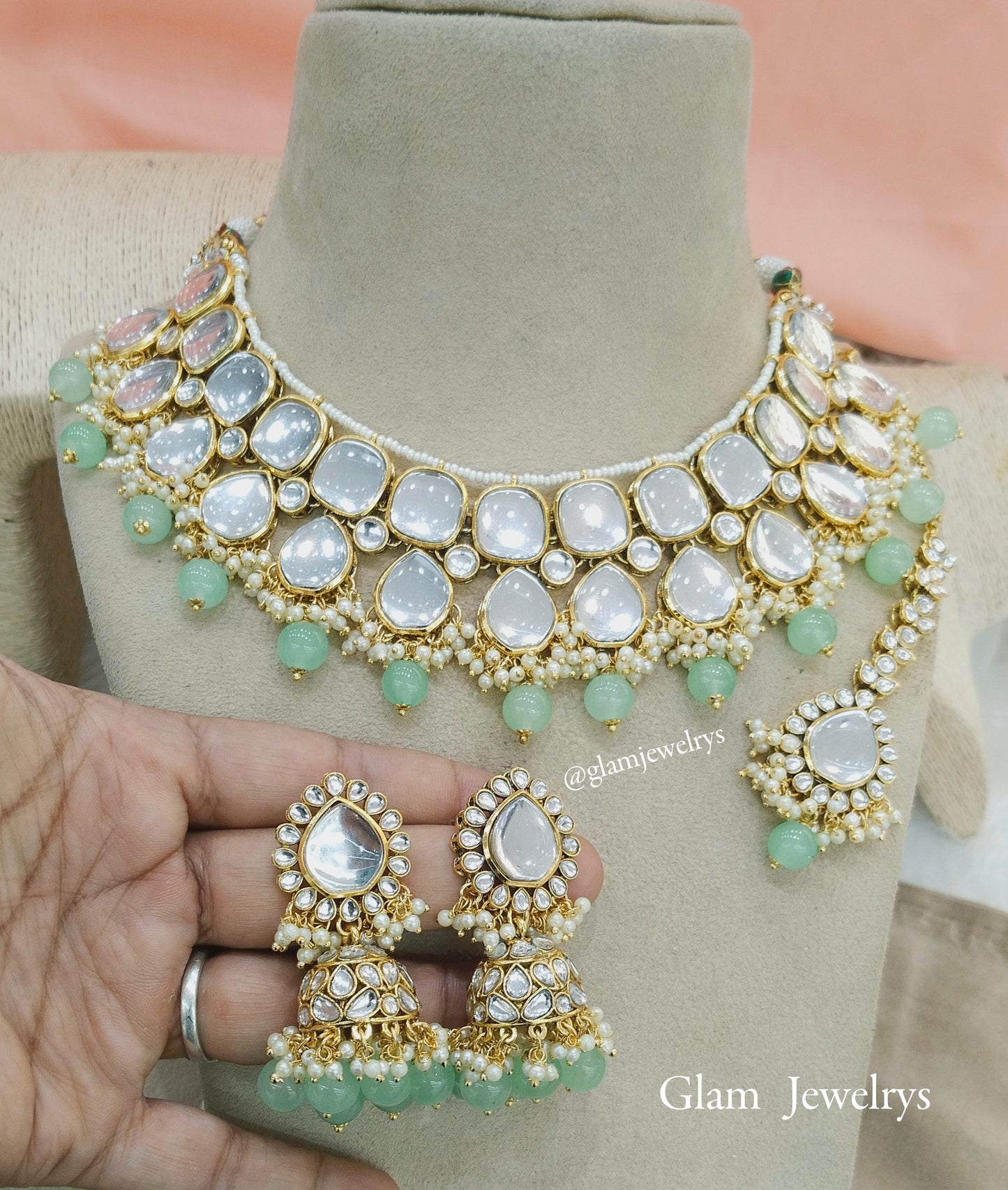 Indian  Jewellery ,Pastel green Kundan necklace Set Indian Wedding Bridal sona set