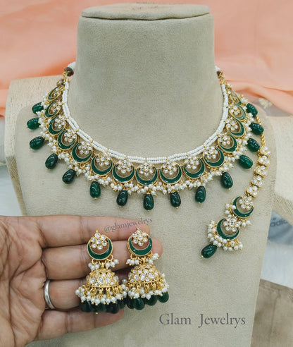 Indian  Jewellery ,Green Kundan necklace Set Indian Wedding Bridal Necklace tatto set