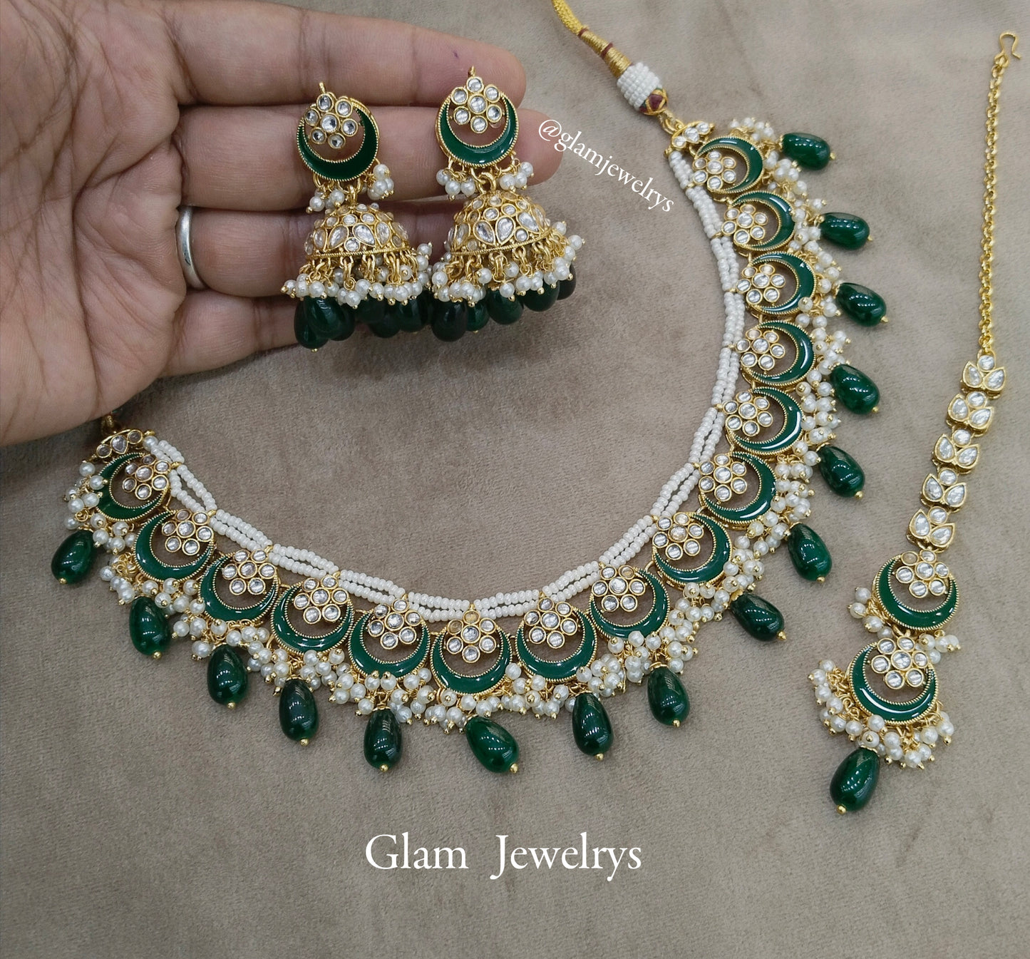 Indian  Jewellery ,Green Kundan necklace Set Indian Wedding Bridal Necklace tatto set