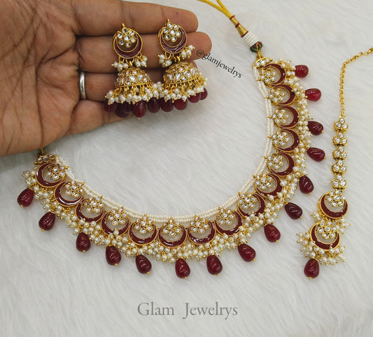 Indian  Jewellery , Maroon Kundan necklace Set Indian Wedding Bridal Necklace tatto set