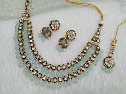 Indian  Jewellery ,Sea green Kundan Layered necklace Set Indian Wedding Semi Bridal Ethnic Bridal tiles Necklace set