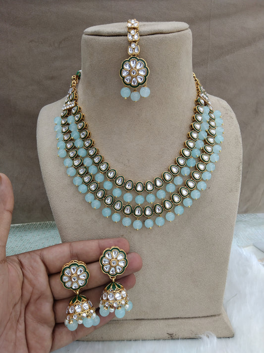 Indian  Jewellery ,Sea green Kundan Layered necklace Set Indian Wedding Semi Bridal Ethnic Bridal tiles Necklace set