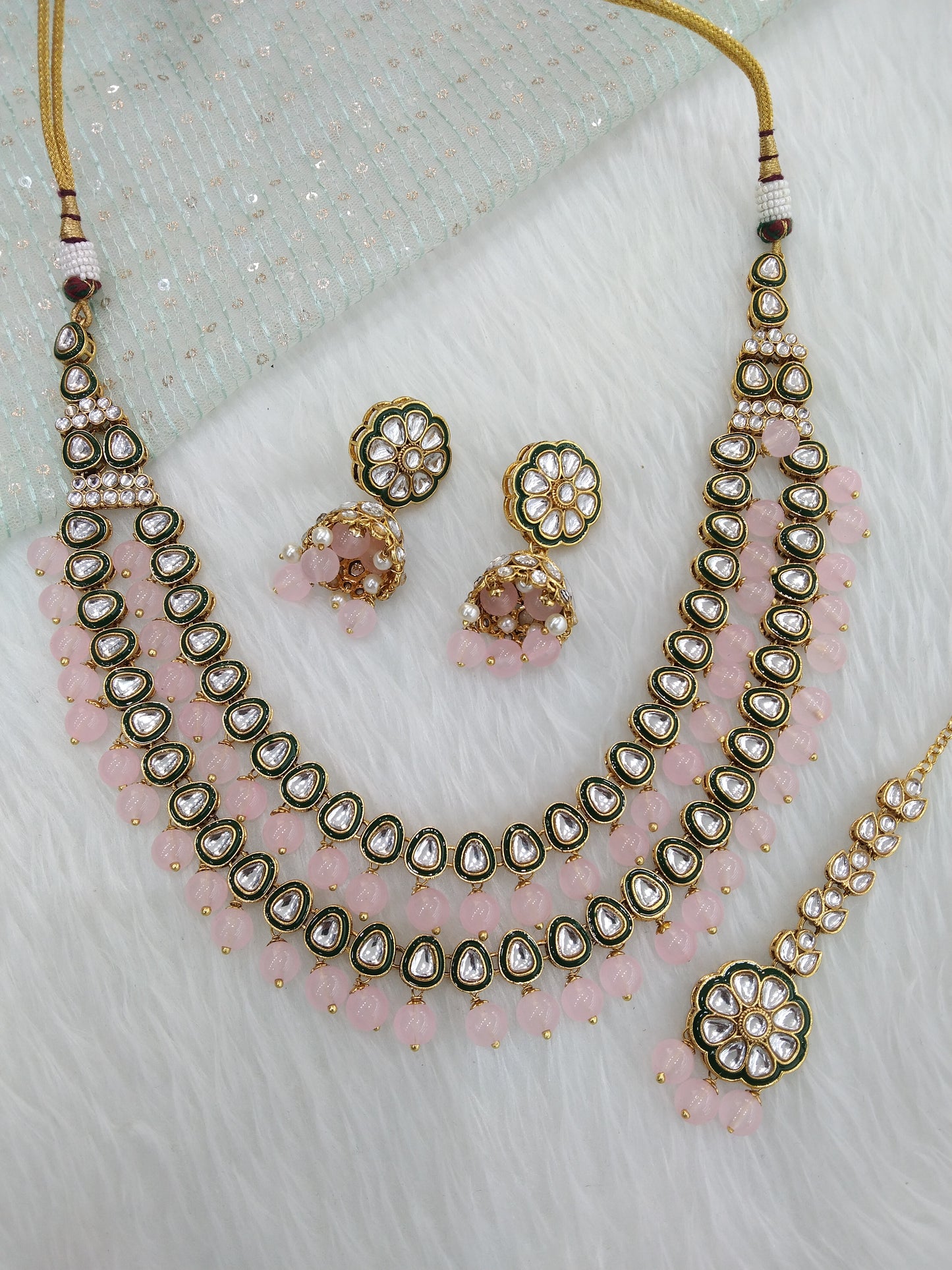 Indian  Jewellery ,Pink Kundan Layered necklace Set Indian Wedding Semi Bridal Ethnic Bridal tiles Necklace set