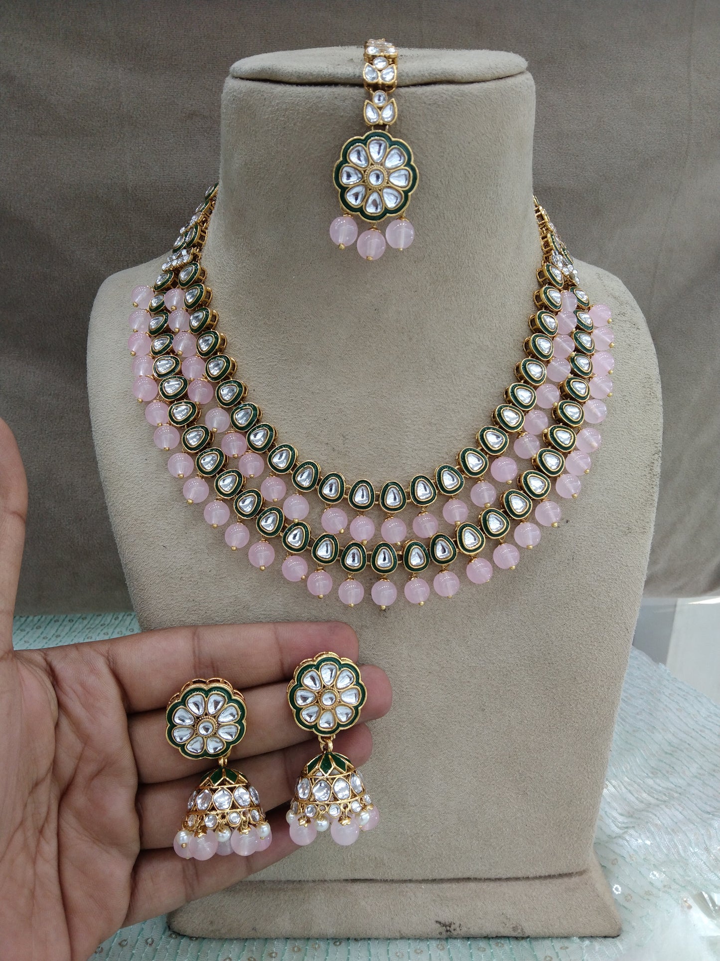 Indian  Jewellery ,Pink Kundan Layered necklace Set Indian Wedding Semi Bridal Ethnic Bridal tiles Necklace set