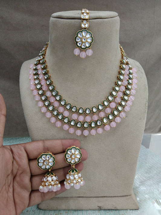 Indian  Jewellery ,Pink Kundan Layered necklace Set Indian Wedding Semi Bridal Ethnic Bridal tiles Necklace set