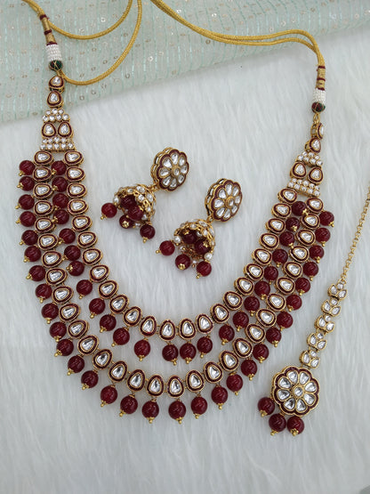 Indian  Jewellery ,Maroon Kundan Layered necklace Set Indian Wedding Semi Bridal Ethnic Bridal tiles Necklace set