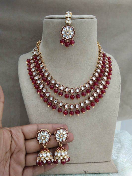 Indian  Jewellery ,Maroon Kundan Layered necklace Set Indian Wedding Semi Bridal Ethnic Bridal tiles Necklace set