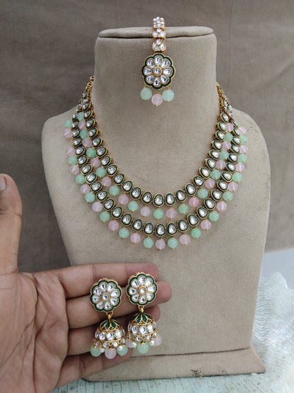 Indian Jewellery ,Sea green pink Kundan Layered necklace Set Indian Wedding Semi Bridal Ethnic Bridal tiles Necklace set