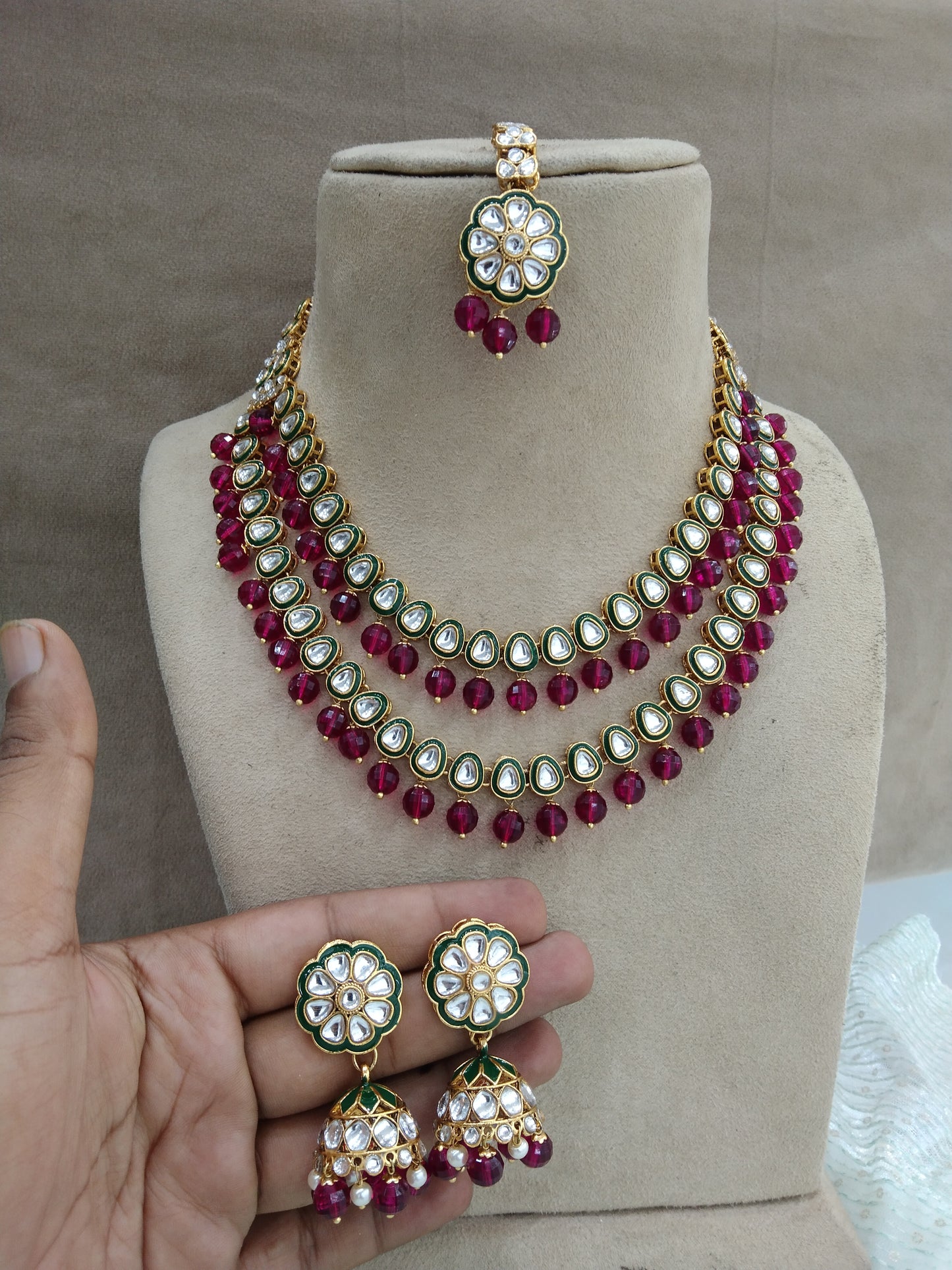 Indian  Jewellery ,Majenta Kundan Layered necklace Set Indian Wedding Semi Bridal Ethnic Bridal tiles Necklace set