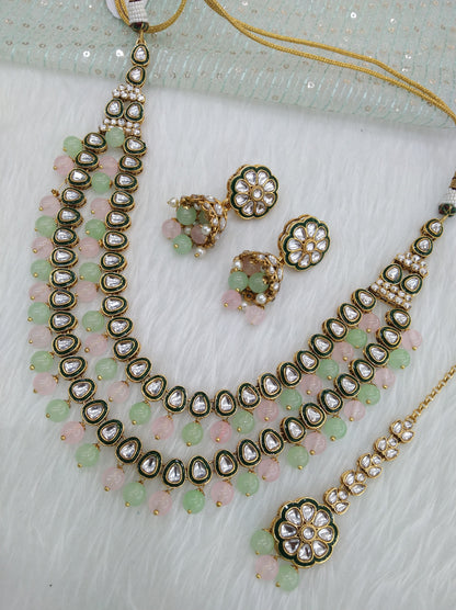 Indian Jewellery ,Sea green pink Kundan Layered necklace Set Indian Wedding Semi Bridal Ethnic Bridal tiles Necklace set