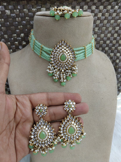 Bridal kundan Choker Set /Pastel green choker set Indian Bollywood Necklace Jewellery team Set