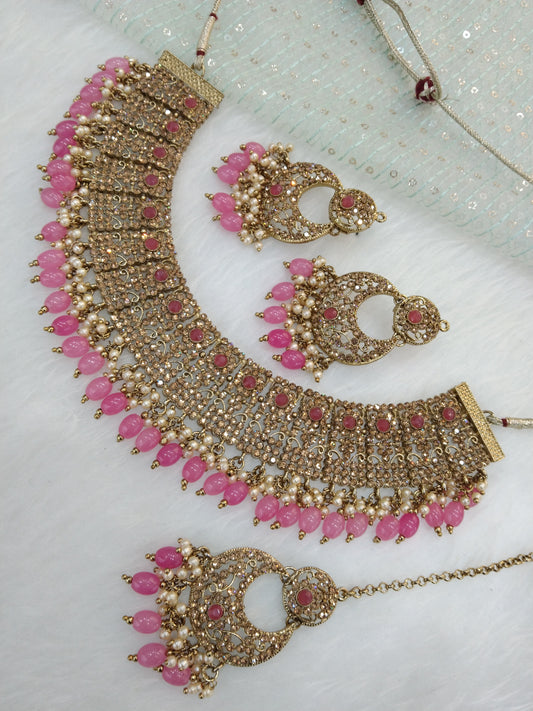 Gajri Pink Indian Jewelry Jewellery/Dark gold Gajjri Necklace Set/Bollywood Gold Indian Jewellery Love Set