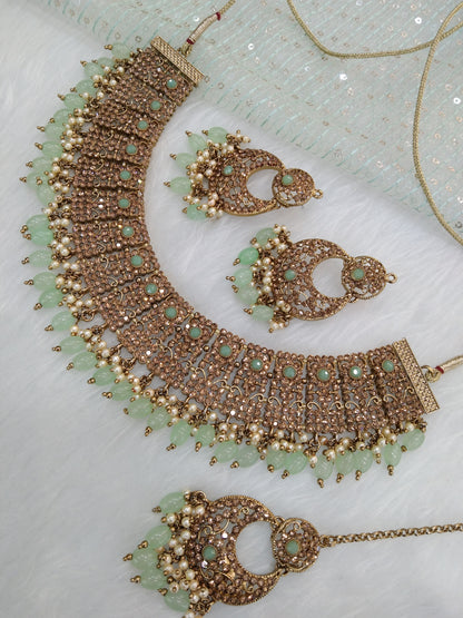 Indian  Jewellery/Dark gold pastel green necklace Set/Bollywood Gold Indian Jewellery Set