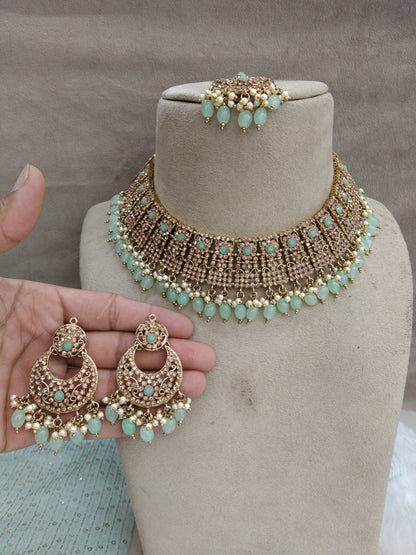 Indian  Jewellery/Dark gold pastel green necklace Set/Bollywood Gold Indian Jewellery Set