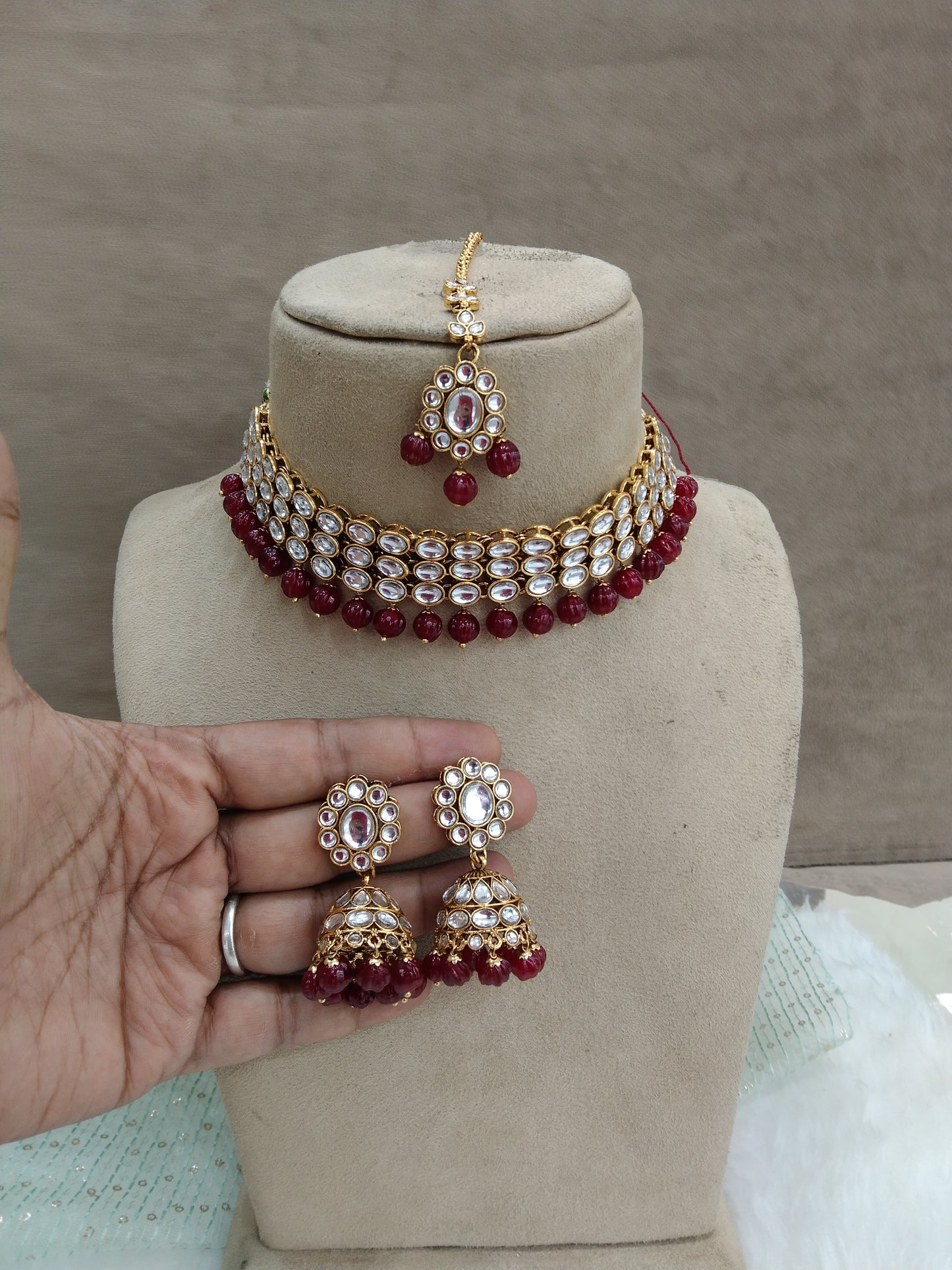 Kundan Jewellery Choker Set Gold Plat Set/ Maroon Bollywood Jewellery/Women Necklace wide set