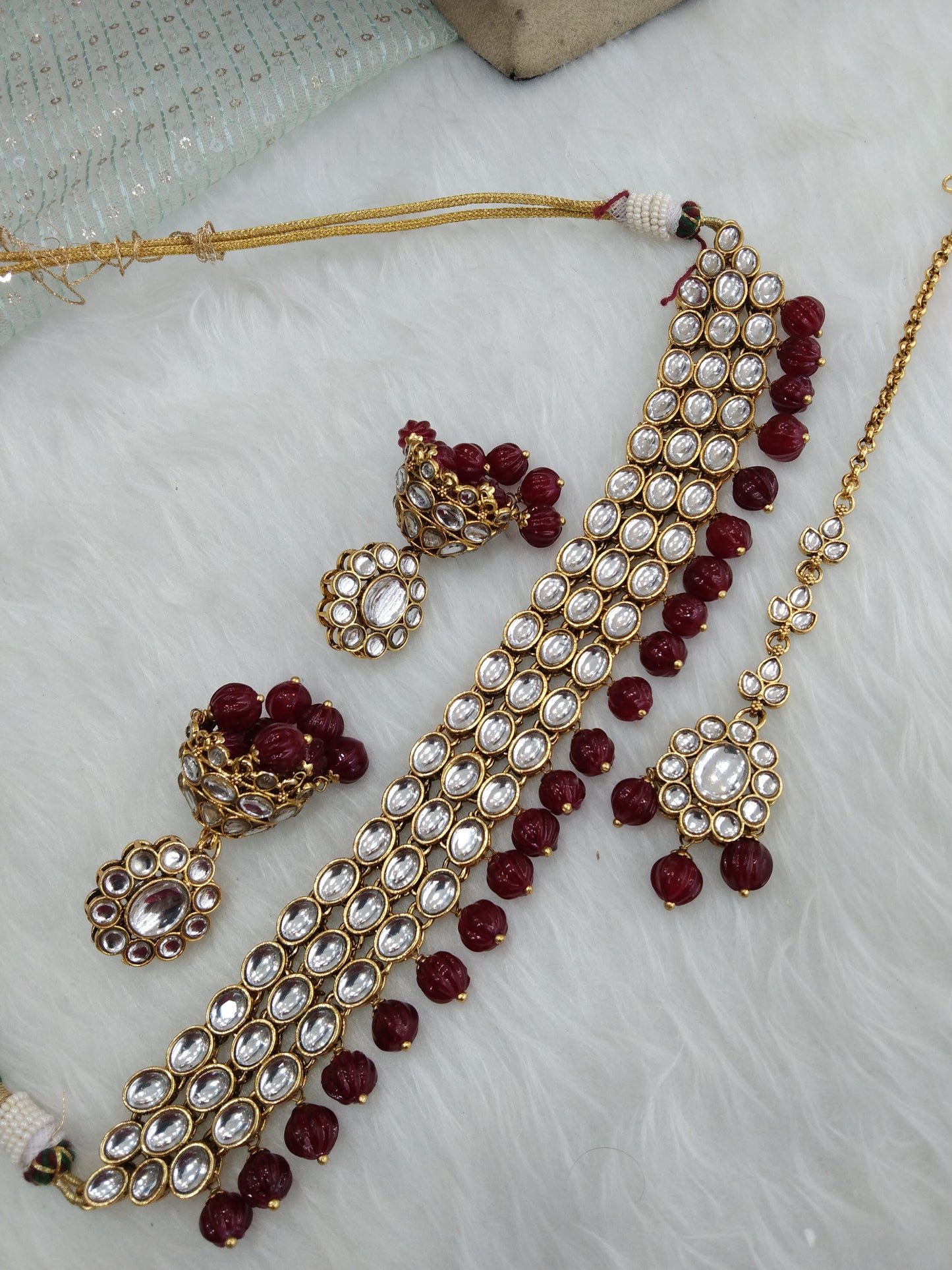 Kundan Jewellery Choker Set Gold Plat Set/ Maroon Bollywood Jewellery/Women Necklace wide set