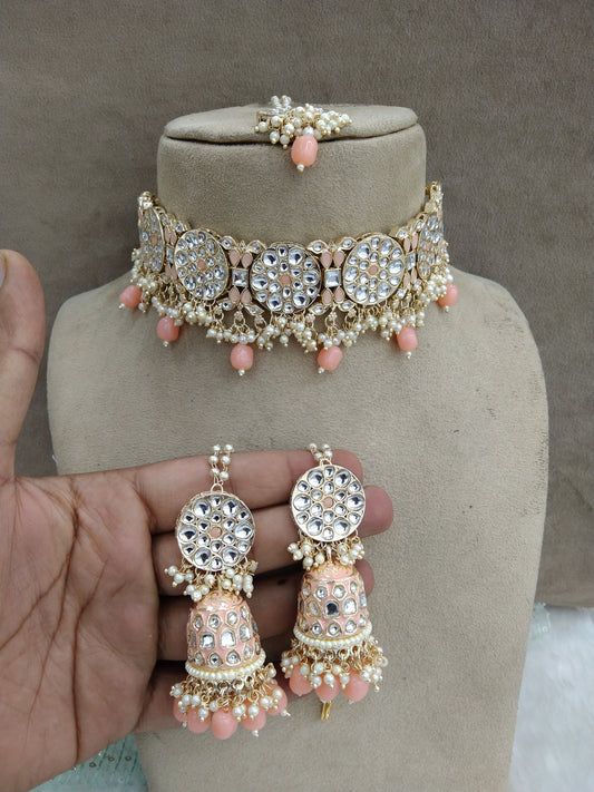 Indian  Jewellery Gold Peach Kundan choker Set/ kundan choker Kundan yaroslavi Set