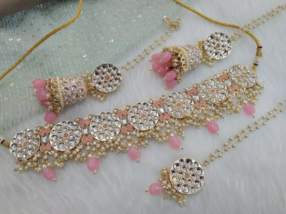 Indian  Jewellery Gold Pink Kundan choker Set/ kundan choker Kundan yaroslavi Set