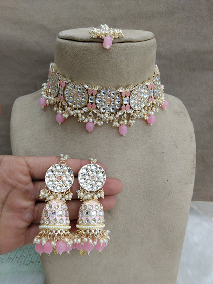 Indian  Jewellery Gold Pink Kundan choker Set/ kundan choker Kundan yaroslavi Set