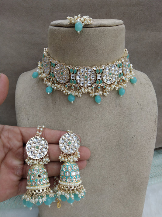 Indian Jewellery Gold Aqua Kundan Choker Set/ kundan choker Kundan yaroslavi Set