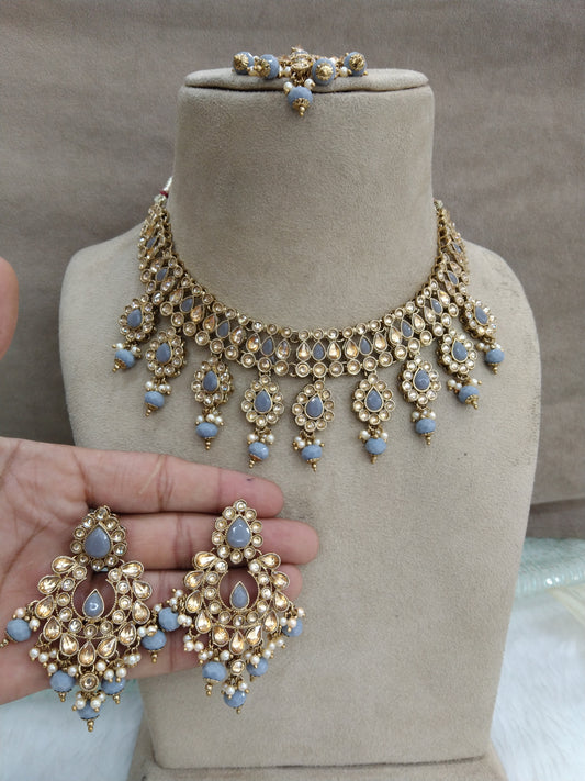 Indian Jewellery Dark Gold Grey Kundan Necklace Set/ kundan necklace hero Set