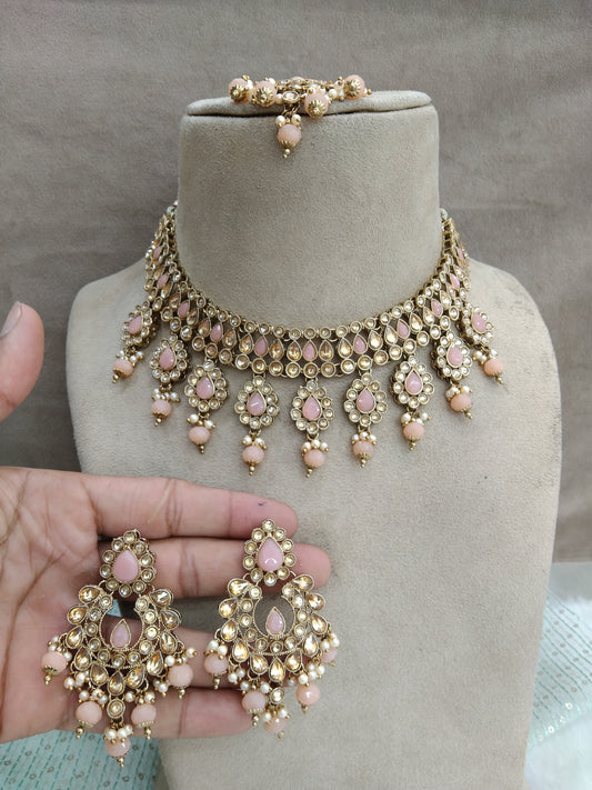 Indian Jewellery Dark Gold Peach Kundan Necklace Set/ kundan necklace hero Set