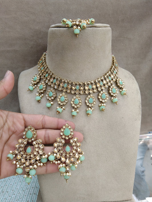 Indian Jewellery Dark Gold Pastel Green Kundan Necklace Set/ kundan necklace hero Set