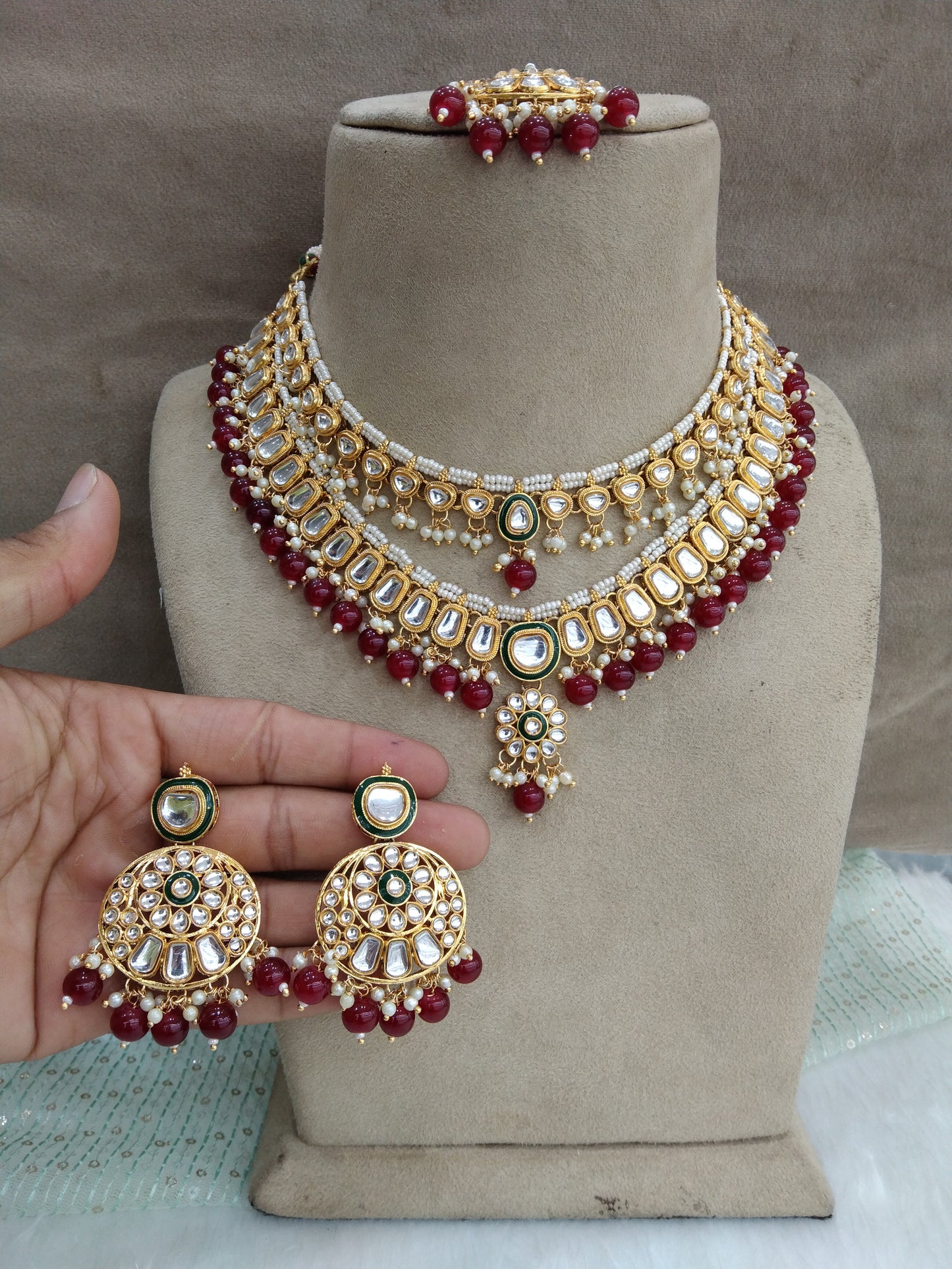 Indian Jewellery/ Gold Marron Bridal Kundan layered necklace Set Indian  holi Wedding jewellery