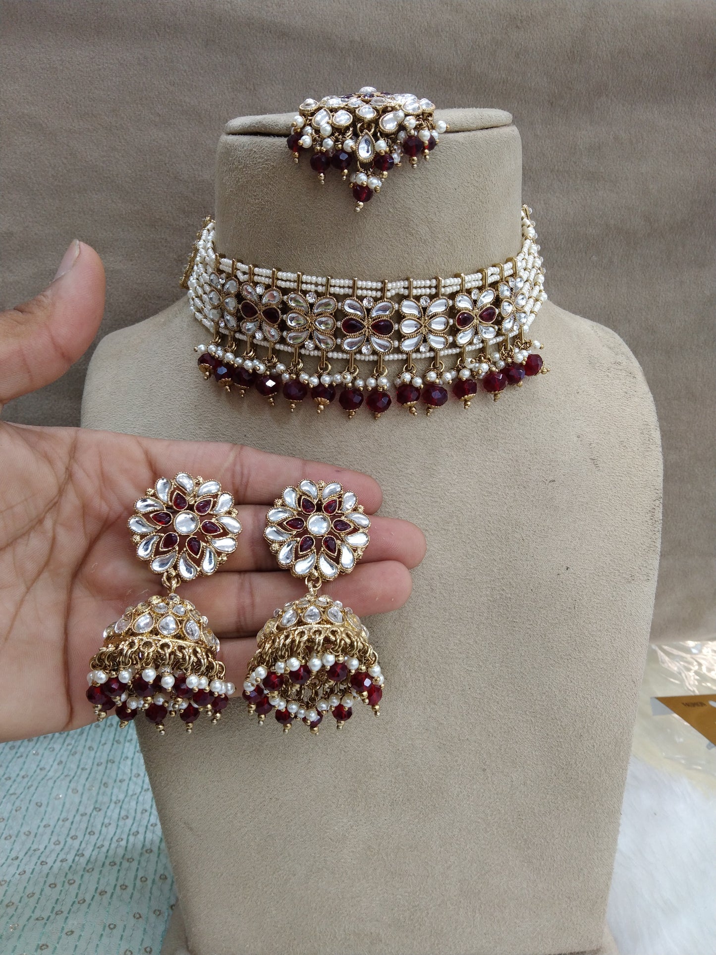 Indian jewellery Gold finish Maroon kundan Choker Set /Indian Parul Jewellery Set