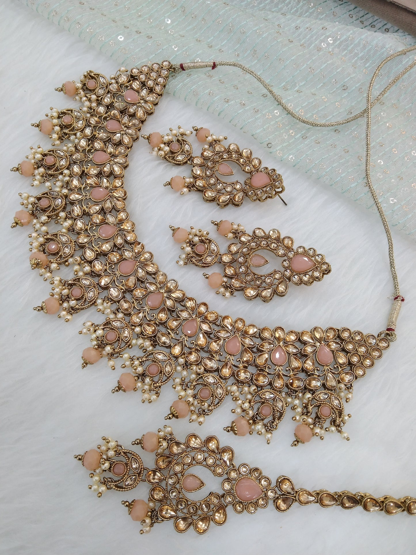 Indian  Jewellery/Dark gold peach Bridal Kundan necklace Set hira Jewellery