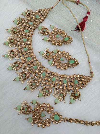 Indian  Jewellery/Dark gold Pastel green Bridal Kundan necklace Set hira Jewellery