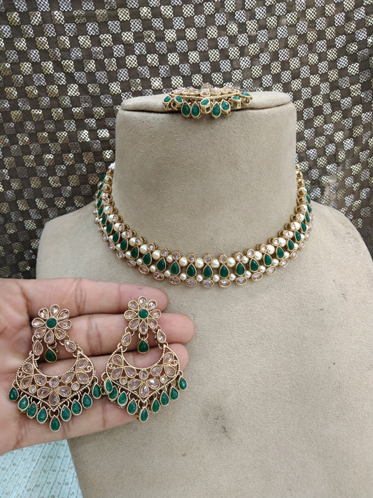 Kundan necklace Jewellery Set/ Gold green kundan Indian jewellery kundan rina sets