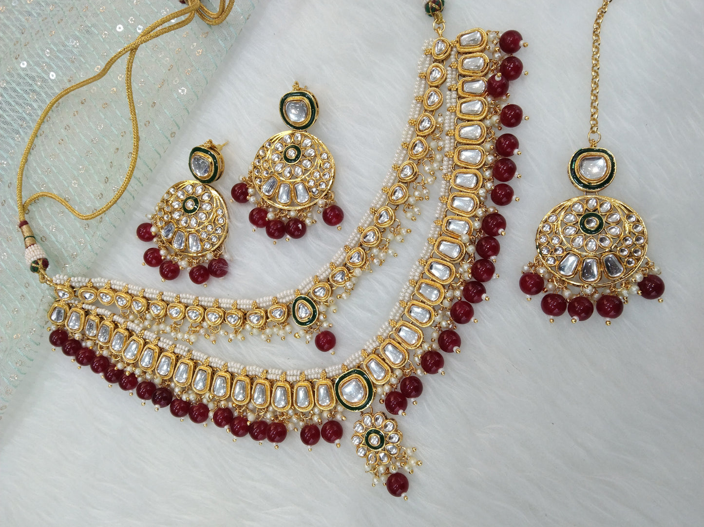 Indian Jewellery/ Gold Marron Bridal Kundan layered necklace Set Indian  holi Wedding jewellery