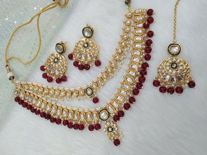 Indian Jewellery/ Gold Marron Bridal Kundan layered necklace Set Indian  holi Wedding jewellery